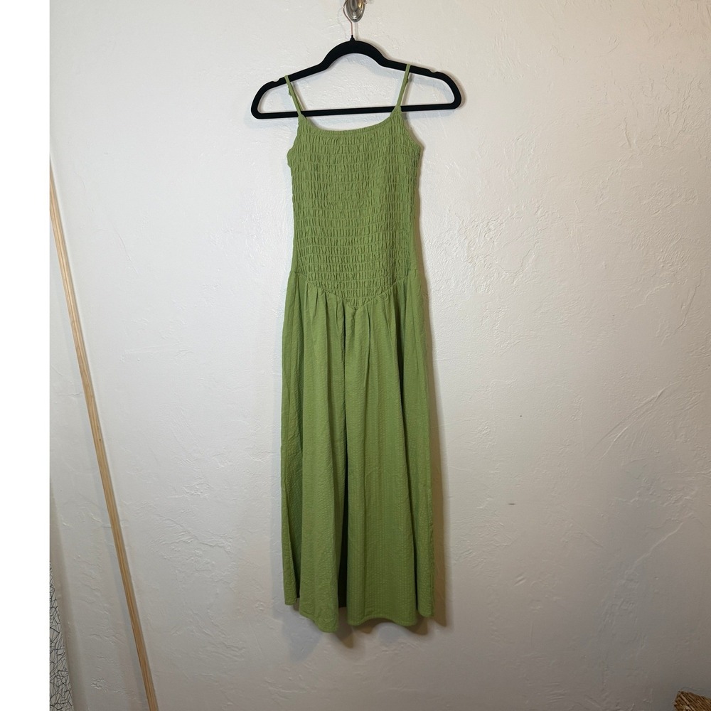 Green Smocked Sleeveless Maxi Dress Adjustable Spaghetti Straps Textured S/M
